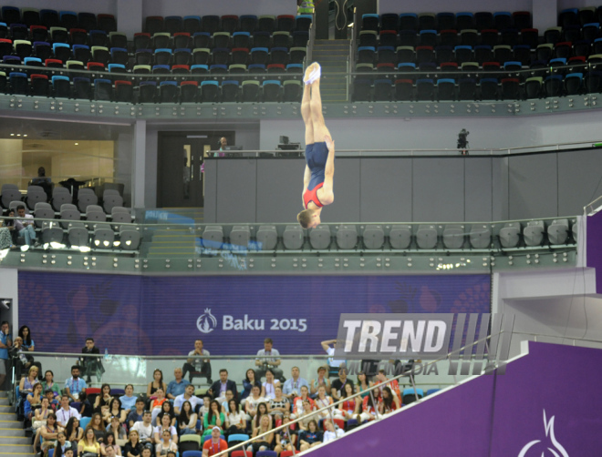 Bakı-2015 Avropa Oyunları çərçivəsində batut gimnastikası üzrə kişilər və qadınlar arasında təsnifat yarışları. Azərbaycan, 17 iyun 2015 